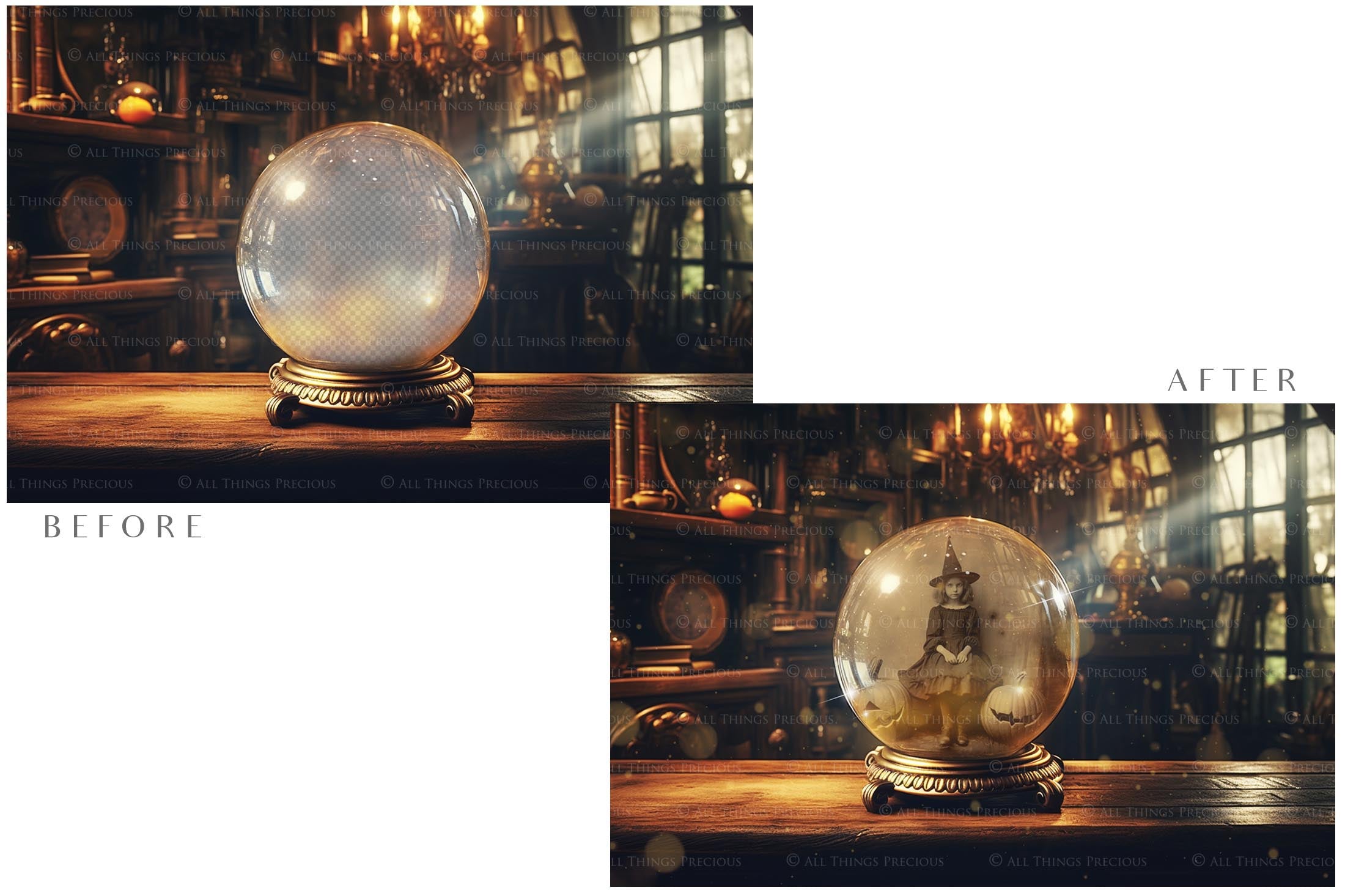 Magical Halloween Template Background. Snow globe with overlays. Add a photo to the digital background. Glass Effect Ornament bauble. Jpeg and Png copies. With magic overlays included. High resolution, quality files for photography, scrapbooking. ATP Textures.